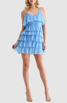 Lush Halter Neck Ruffle Minidress in Blue Pink Dot at Nordstrom Rack, Size Medium
