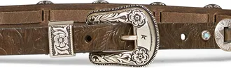 Golden Goose Womens Belt Thin Lace Embossed Calf Leather Green
