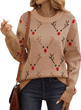 Heekpek Womens Jumpers Christmas Winter Long Sleeve Knitted Jumper Cowl Neck Sweater Warm Chunky Baggy Jumpers for Women Knitwear Winter Top, Khaki Elk, S