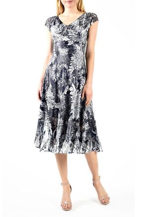 Komarov Dhalia Print Cap Sleeve Dress w Lace in Black Dhalia at Nordstrom, Size X-Small