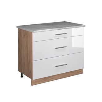 Vicco Mueble Bajo De Cocina Fame-line, Blanco Alto Brillo/roble Dorado, 100 Cm, Et M&aacute;rmol, Vicco
