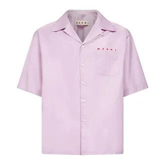 Marni Short Sleeve Shirts, male, Purple, Size: M Poplin Bowling Shirt with Peeping Logo