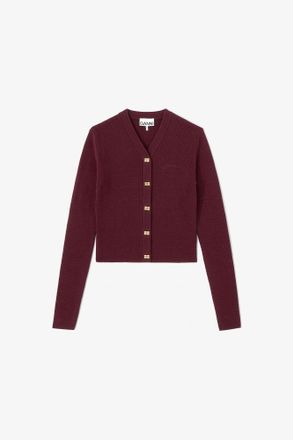 Ganni Dark Red Ribbed V-Neck Cardigan - Size XXS Wool
