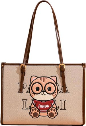 Generic Cute Cat Cartoon Women Tote Handbag, Canvas and Faux Leather Trim, Large Capacity Shoulder Bag with Panda Design, Available in Beige and Denim Blue (B
