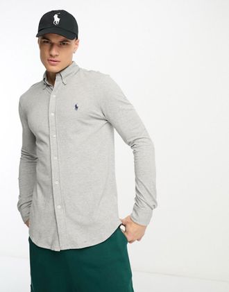 Polo Ralph Lauren Camicia in piqu&eacute; grigio m&eacute;lange con colletto button-down e logo