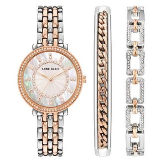 Anne Klein Quartz Crystal Mother of Pearl Dial Ladies Watch and Bracelet Set AK/3799RTST