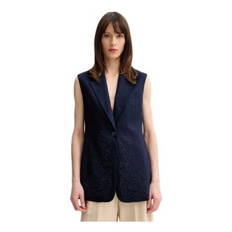 Twinset Jassen, Dames, Blauw, M, Katoen, Geborduurd Mouwloos Vest