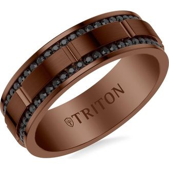Triton 8MM Espresso Tungsten Black Sapphire Double Row Eternity Ring with Polish Center Finish and Bevel Edge in Brown at Nordstrom, Size 11.5