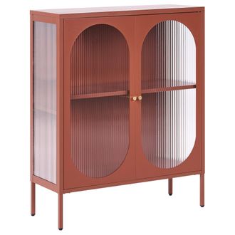 Beliani Aparador Vitrina Industrial Moderno De Acero 2 Puertas Y Elementos De Vidrio Marr&oacute;n Dorado Sarre