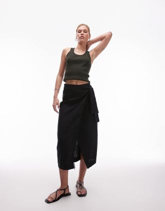 Mango linen wrap skirt in black