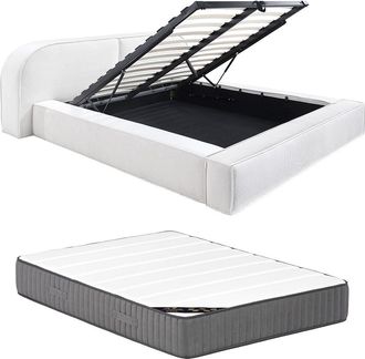 Vente-Unique Cama ba&uacute;l 160 x 200 cm - Terciopelo acanalado - Crema - Con colch&oacute;n - LIRABA de Maison C&eacute;phy