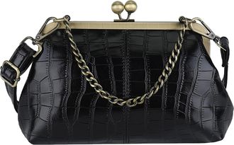 Generic Women PU Leather Kiss Lock Shoulder Bag for School Work Daily Use (Black)