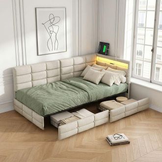 OEM Pocketpop Lit 90x200 Tejido Lino Beige - Cabecero Acolchado Con Led Y Usb & Toma De Corriente - 2 Cajones De Almacenamiento