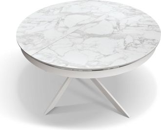 Konte Design Mesa redonda extensible ø120, cerámica efecto mármol y base blanca