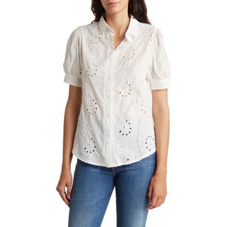 LIV Los Angeles Embroidered Cotton Eyelet Short Sleeve Button-Up Shirt in White at Nordstrom Rack, Size X-Large