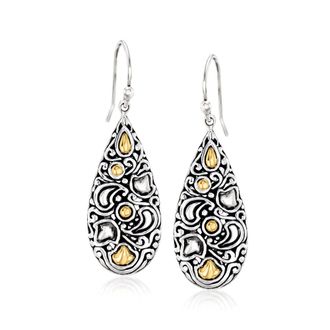 Ross-Simons Sterling Silver and 18kt Yellow Gold Bali-Style Teardrop Earrings