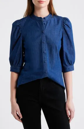 Madewell Denim Puff-Sleeve Band-Collar Shirt in Plumville Wash at Nordstrom, Size 00