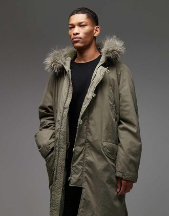Collusion Parka taglio lungo kaki con fodera in pelliccia sintetica-Verde