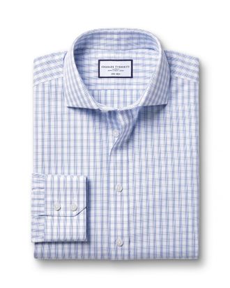 CHARLES TYRWHITT Cutaway Collar Non-Iron Poplin Multi Checkered Cotton Formal Shirt - Cobalt Blue Single Cuff Size Small by Charles Tyrwhitt