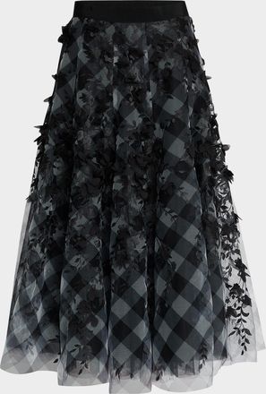 Maison Common Check Tulle Petal Applique Midi Skirt