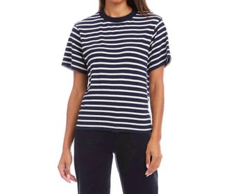 Karen Kane Stripe Short Sleeve Top In Navy With White