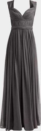 Pamella Roland Sleeveless Ruched Chiffon Cape Gown