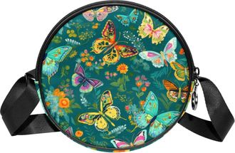 Generic Circle Crossbody Bag for Women, Colorful Butterfly Small Sling Bag Daypack with Zipper Adjustable Shoulder Straps Casual Ladies Girls Round Purse