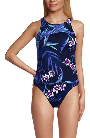 Lands End Tugless High Neck Strappy Back Tankini Swimsuit Top in Deep Sea Navy Tropical Floral at Nordstrom, Size 10P