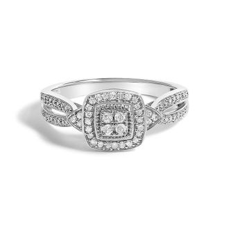 House of Brilliance 10K White Gold 1/10 Cttw Diamond Cluster Halo Promise Ring