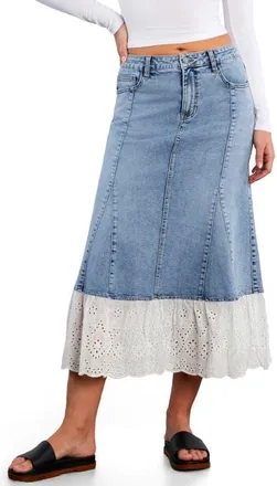 Wash Lab Denim Empress Eyelet Trim Denim Maxi Skirt in Denim Storm at Nordstrom, Size 29
