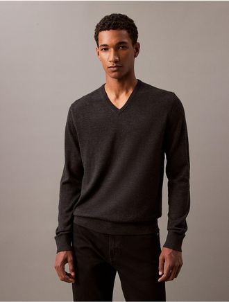 Calvin Klein Mens Extra Fine Merino Blend V-Neck Sweater - Grey - XL