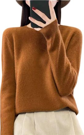Generic Cashmere Sweater for Women Long Sleeve Crew Neck Soft Warm Pullover Lightweight Knit Top Solid Color Long Sleeve Casual (Caramel,L)