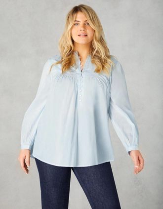 Live Unlimited London Womens Blue Cotton Button Front Relaxed Blouse - Size: 14