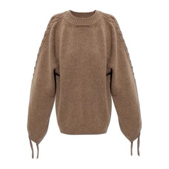 Rotate ROTATE Birger Christensen, Round-neck Knitwear, female, Brown, Size: XS Wool Sweater With Ties On The Sleeves