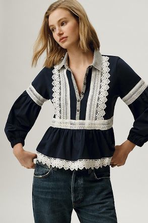 Maeve 100% Cotton Lace Placket Blouse