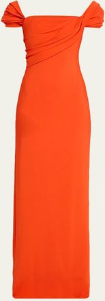 Oscar De La Renta Cap-Sleeve Draped Cady Column Gown