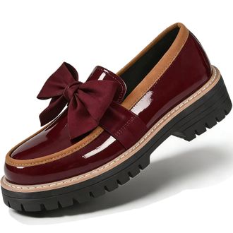 Generic Womens Patent Loafers Wide Width, Elegant Bow Loafers for Women Chunky Platform Loafer Casual Comfortable Dress Shoes (Red,6.5)