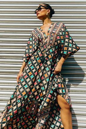 Roman Geo Print V-Neck Frill Maxi Dress