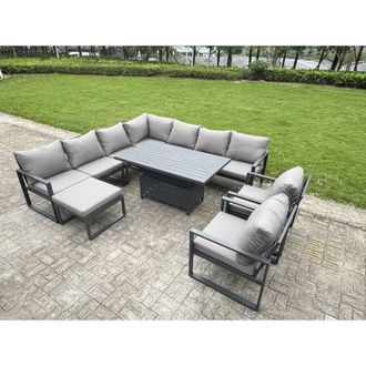 Fimous Aluminum 10-Seater Sofa Set with Rising Table, Big Stool & 2 Chair in Dark Grey
