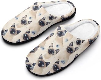 Generic Watercolor Siamese Cats Mens House Slippers Memory Foam Washable Cotton Slip on Home Shoes