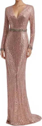 Mac Duggal Embellished Sequin Long Sleeve Gown In Rose Gold