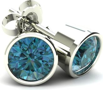 Pompeii3 50Ct Round Brilliant Cut Heat Treated Blue Diamond Stud Earrings in 14K Gold Round Bezel Setting