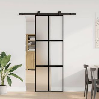 Berkfield Home Sliding Door with Hardware Set 76x205 cm Tempered Glass&Aluminium in Black