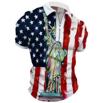 Generic Mens US Flag Printed Shirt Short Sleeve V Neck Button Down Casual Classic Unisex Top Lightweight Summer Cotton T-Shirts (Red, XXL)
