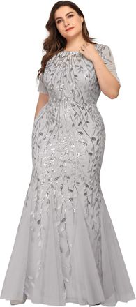 Ever-pretty Ever Pretty Womens Elegant O Neck Short Sleeve Floor Length Mermaid Embroidery with Sequin Plus Size Wedding Guest Dresses Silver 26UK