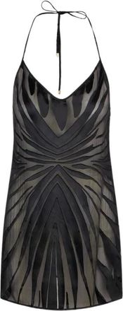 Roberto Cavalli Kleedjes, Dames, Zwart, S, Leer, Mini Slipjurk Met Ray Devor&eacute; Print