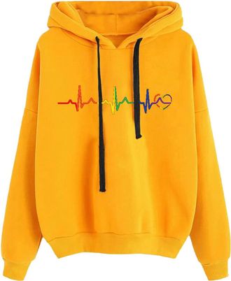 Generic Daily Deals of The Day Tunic Sweatshirt for Women Womens Printed Hooded Sweatshirt Casual Long Sleeve Drawstring Loose Blouse Top Womens Plus (Yellow,