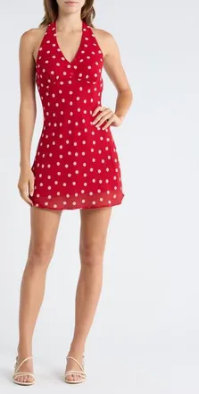 All in Favor Polka Dot Halter Neck Minidress in Red Pink Dot at Nordstrom, Size X-Large