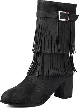 Generic Womens PU Leather Chelsea Boots with Side Zipper Block Heel Short Boots with Tassel Round Toe Western Booties,Black,5.5 UK