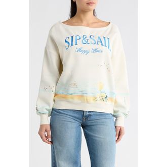 Vinyl Icons Sip & Sail Off The Shoulder Sweatshirt in Marshmallow at Nordstrom Rack, Size X-Small